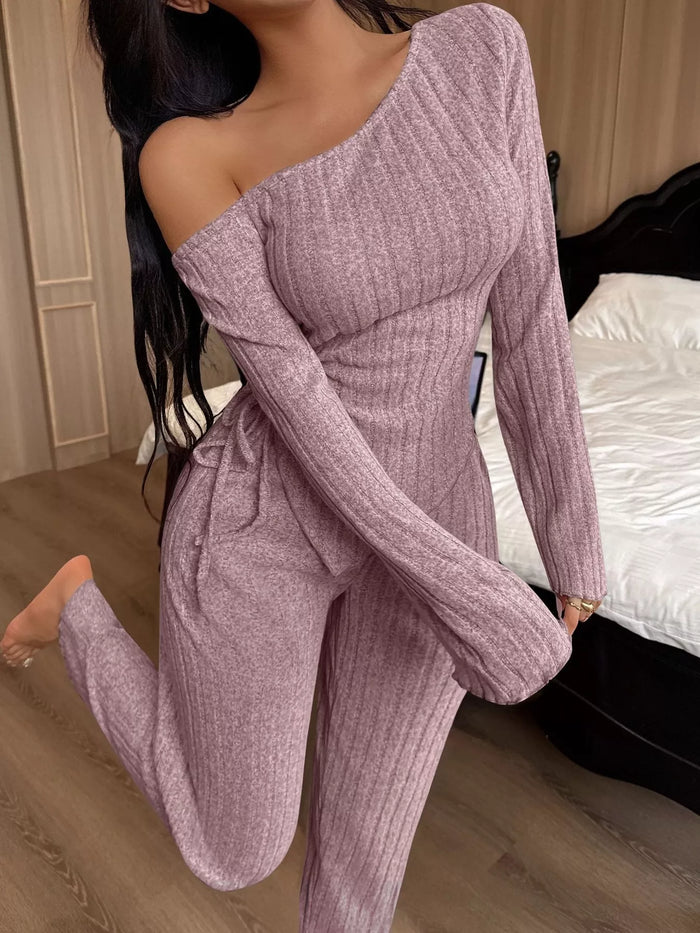 One-Shoulder Ribbed Knit Top and Pants Set